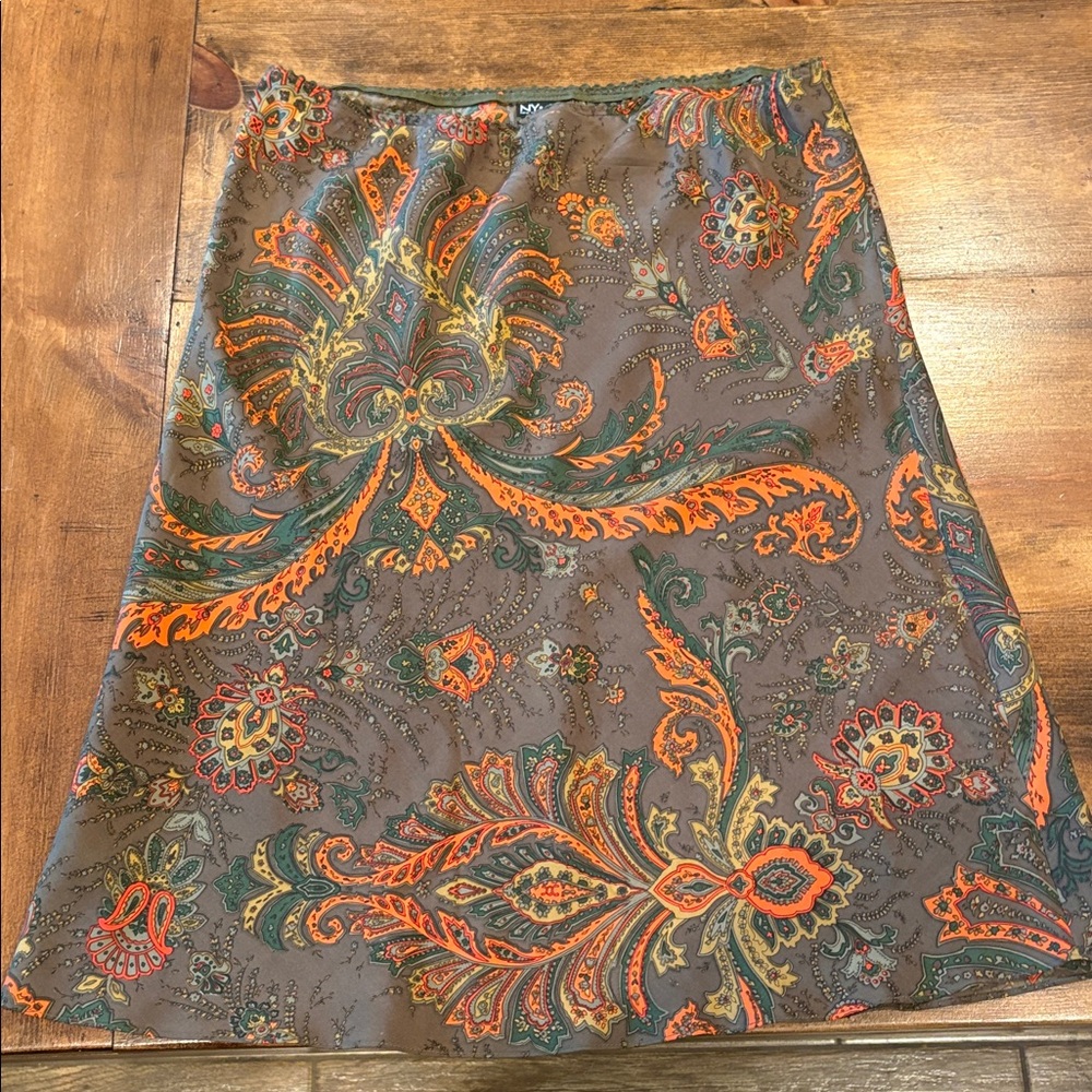 New York & Company Grey Paisley A-Line Skirt Green with bright coral accents.